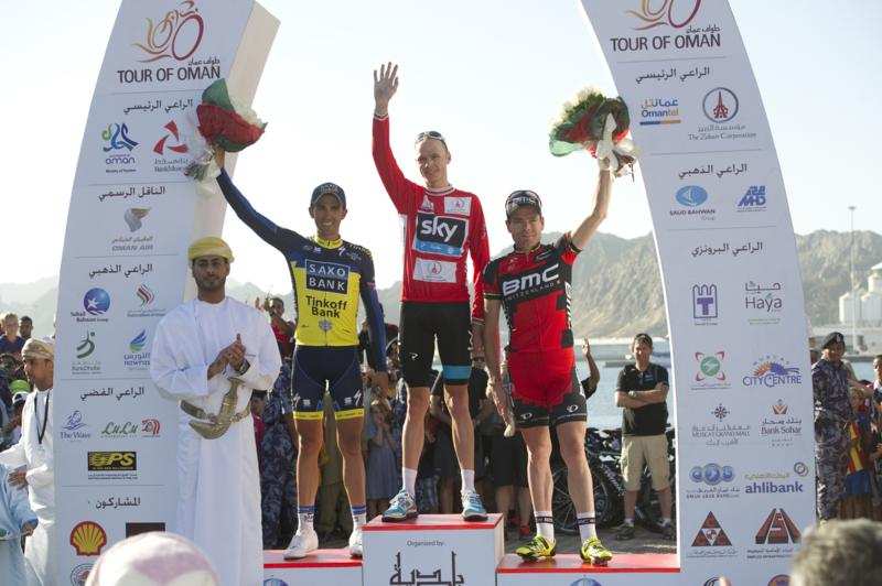 Podium final del Tour de Omán 2013 con Froome, Contador y Evans