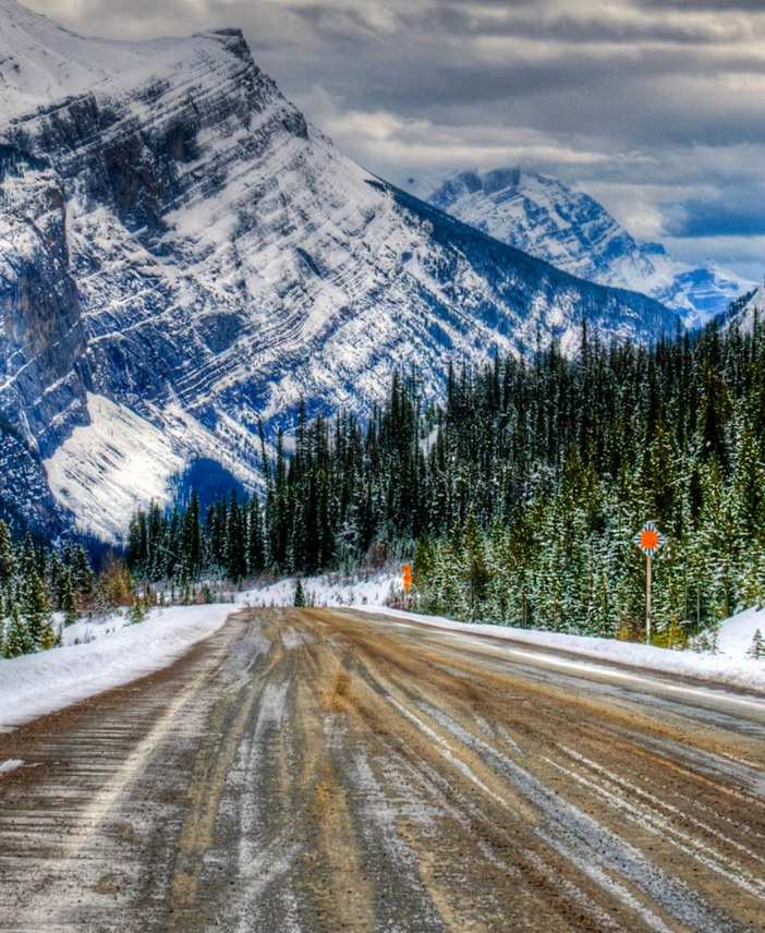 Icy winter road, Icefields Parkway, Banff and Jasper National Parks Alberta Canada