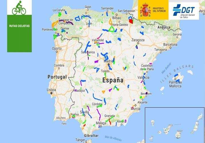 Mapa rutas ciclistas seguras protegidas de la DGT