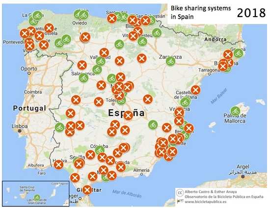 Mapa bicicleta pública en España
