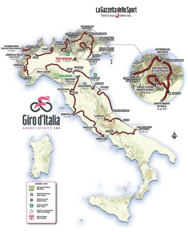 Mapa del recorrido del Giro de Italia 2019