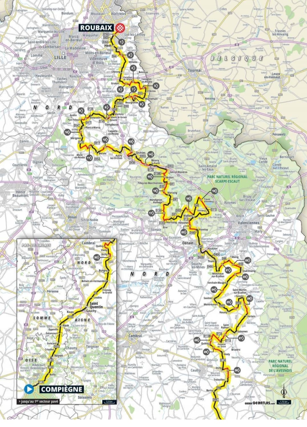 Mapa con tramos de pavé de las París-Roubaix 2022